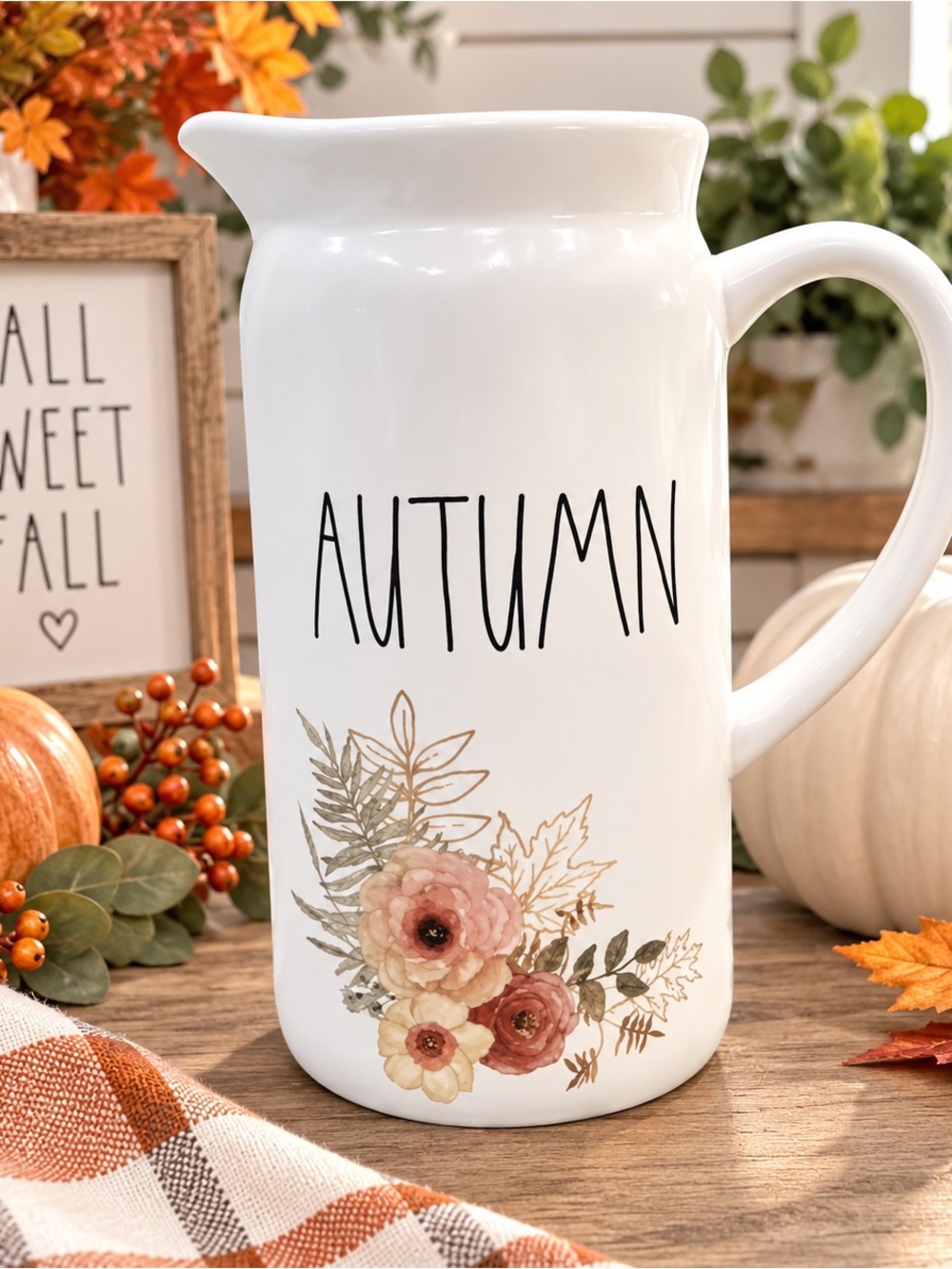 NEW Rae Dunn Beautiful ‘AUTUMN’ Pitcher With Fall Floral Design